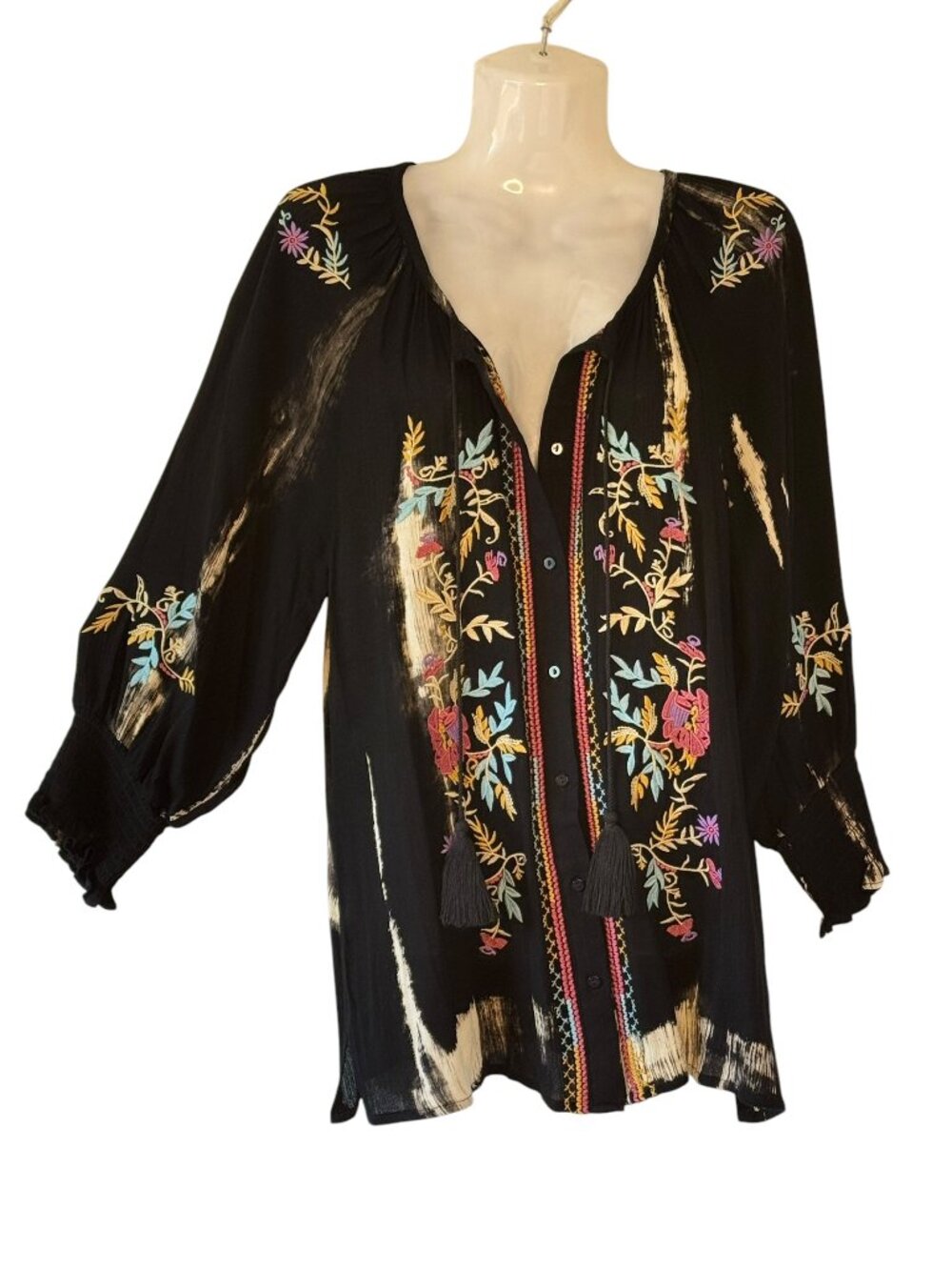 Caleoas Embroidered Gauze Tunic Black Button Front Balloon Sleeve Oversize Small